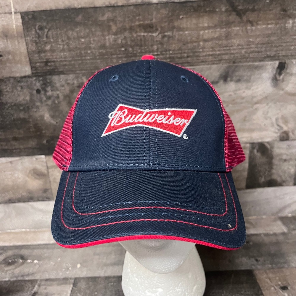 Budweiser Beer Navy Red Mesh Snapback Trucker Hat H3 Headwear Embroidered Logo